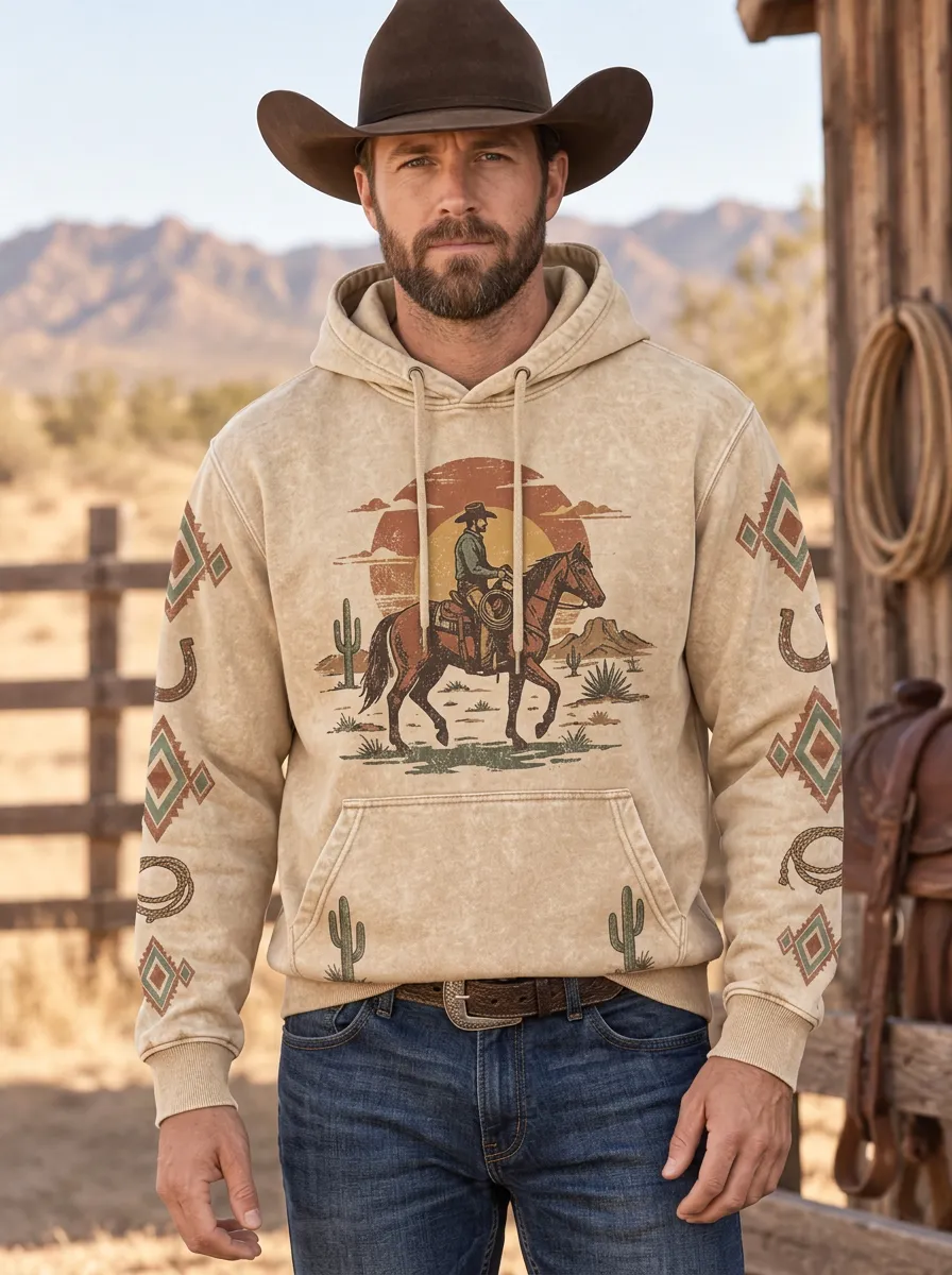 Men's Classic Western Cowboy Horse Sunset Sun Graphic Hoodie