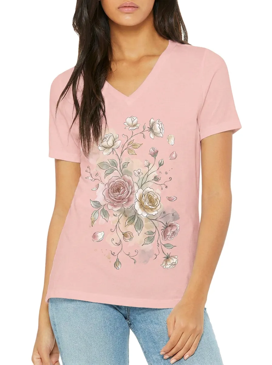 Women's Floral Lover Watercolor Rose Printed V-neck T-shirt