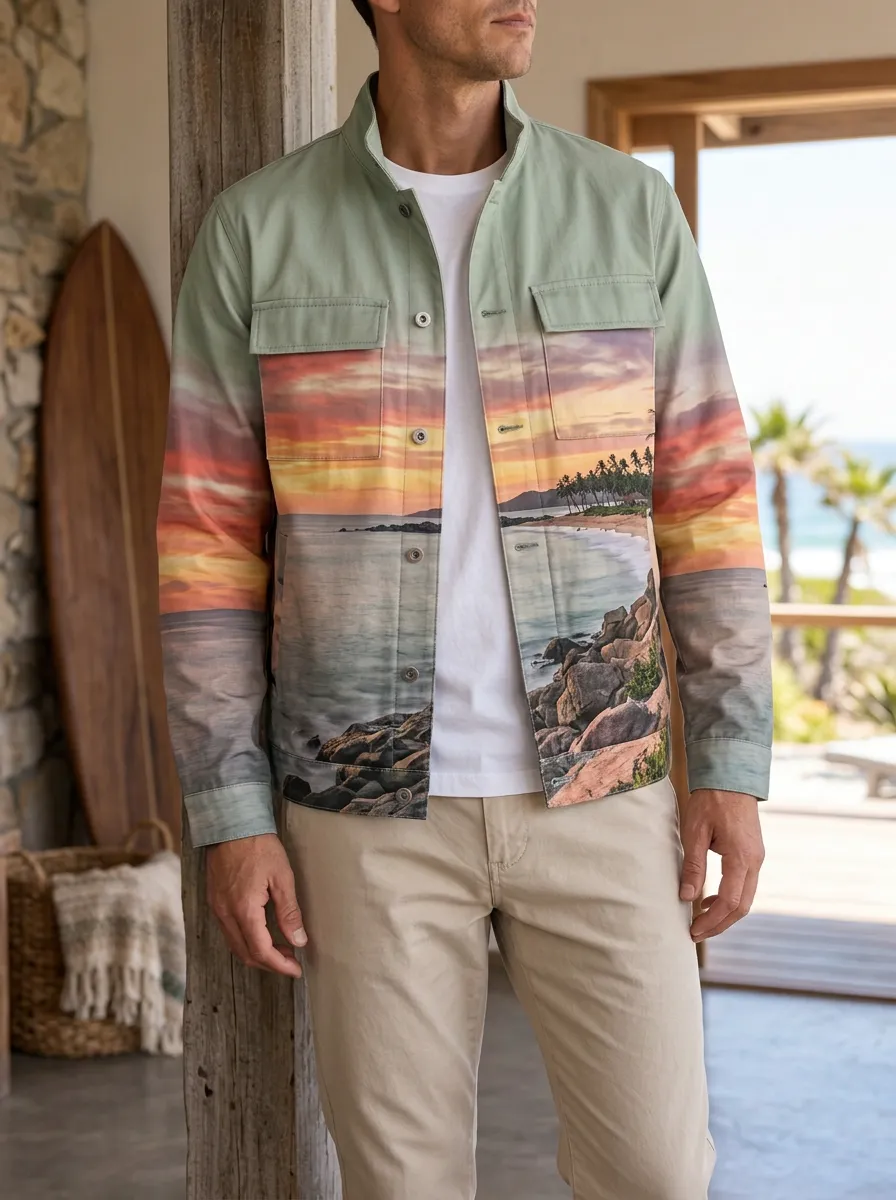 Men's Tropical Beach Sunset Landscape Rugged Adventure Jacket