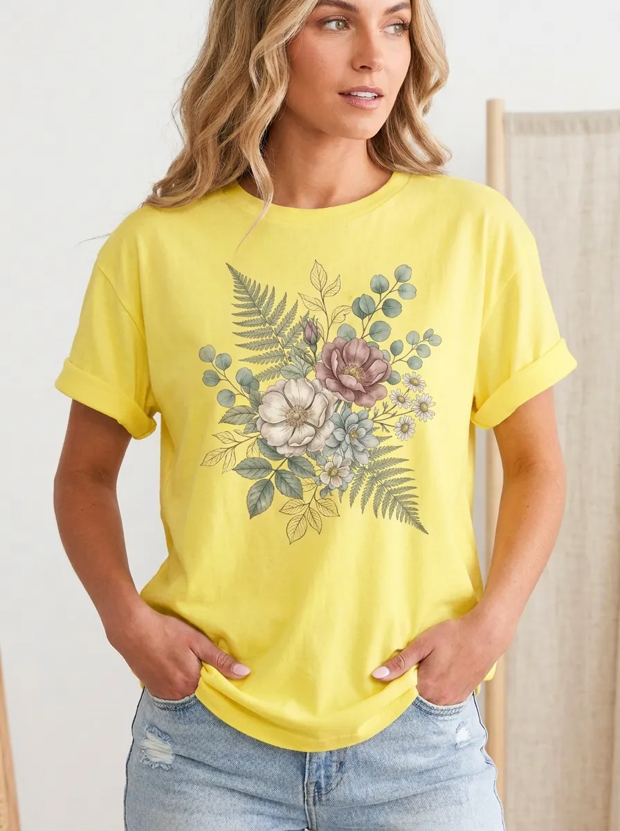 Women's Botanical Nature Lover Floral Fern Printed T-shirt