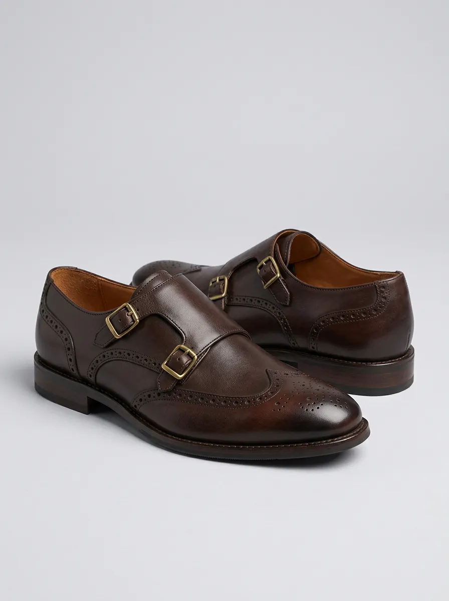 Men's Classic Wingtip Double Monk Strap Leather Shoes