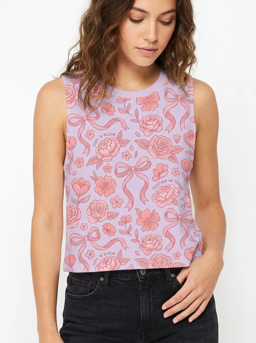 Women's Breast Cancer Awareness Pink Floral Bow Printed Tank Top