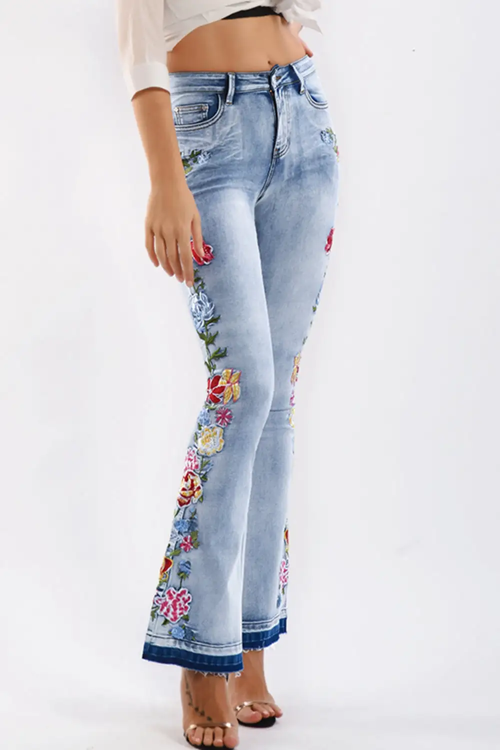 Flower Embroidery Wide Leg Denim Jeans