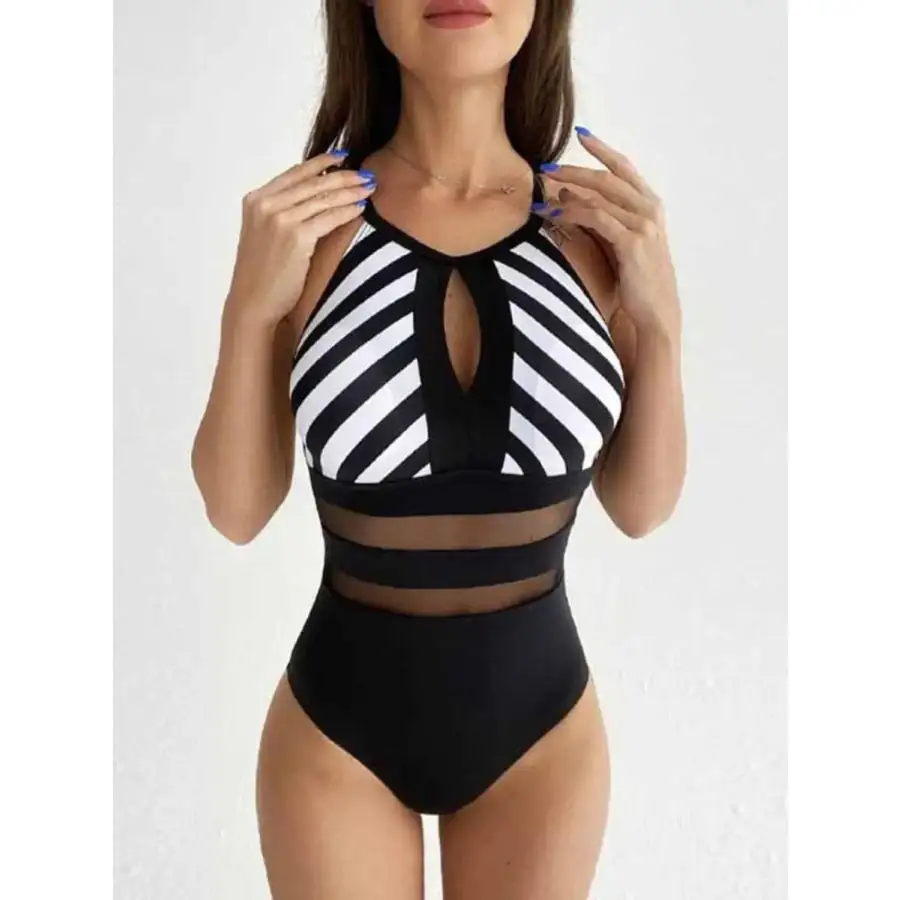 Women's Backless Mesh Striped One-Piece Swimsuit