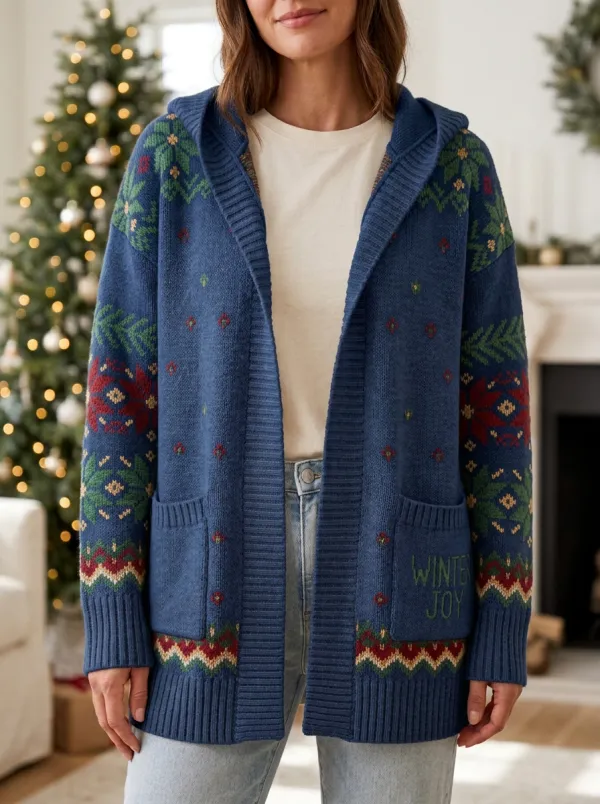 Christmas Winter Joy Fair Isle Pattern Print Hooded Cardigan