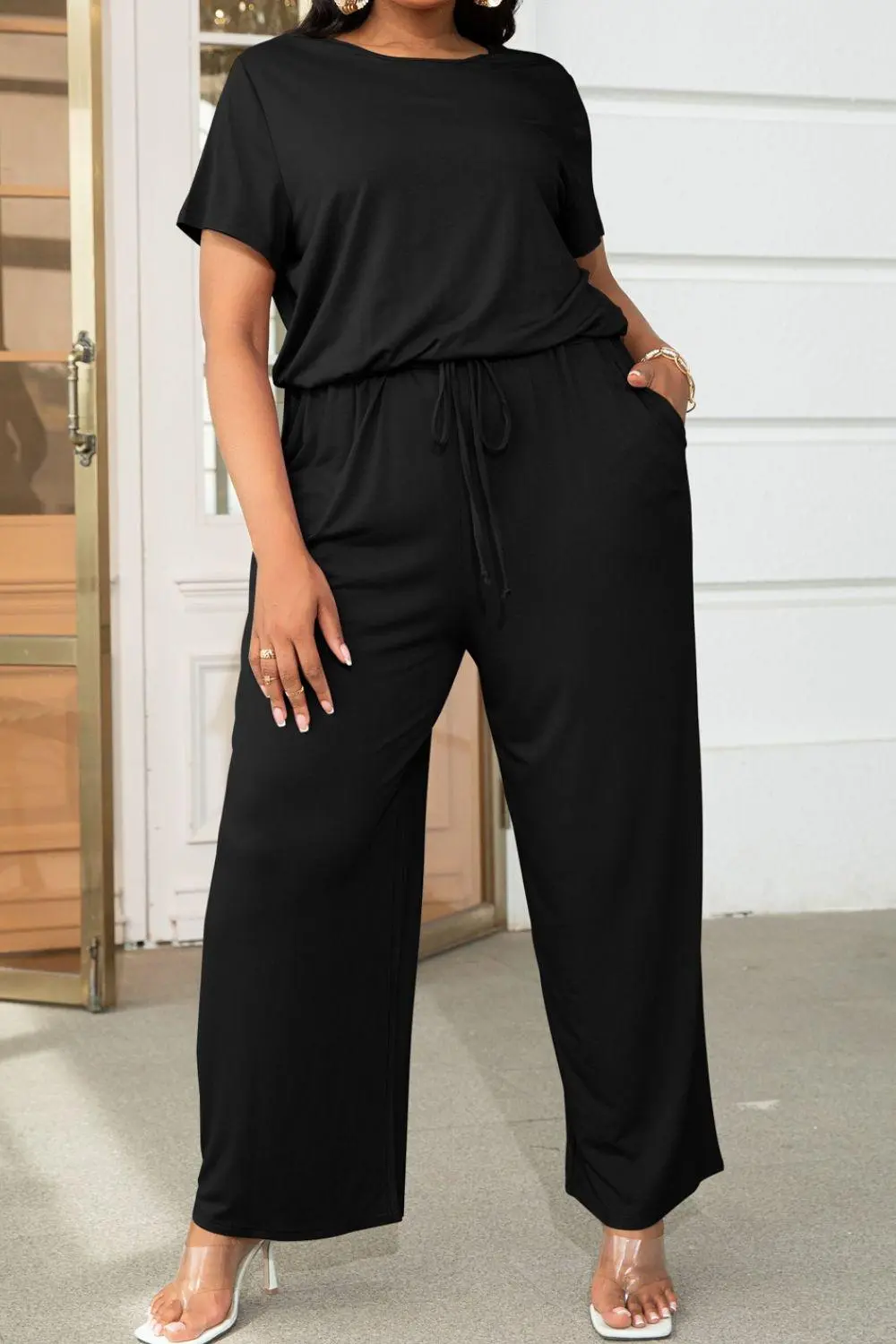 Plus Size Drawstring Waist Short Sleeve Shorts