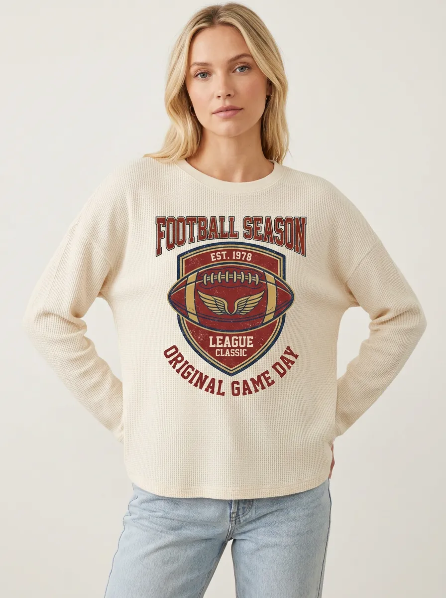 Women's Football Season Vintage Shield Printed Waffle T-Shirt