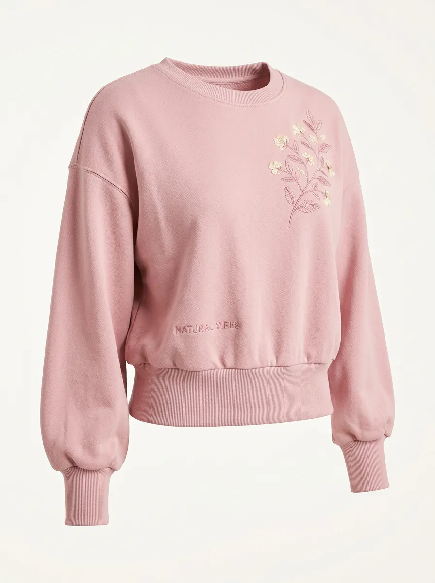 Women's Natural Vibes Floral Embroidered Pink Printed Sweatshirt