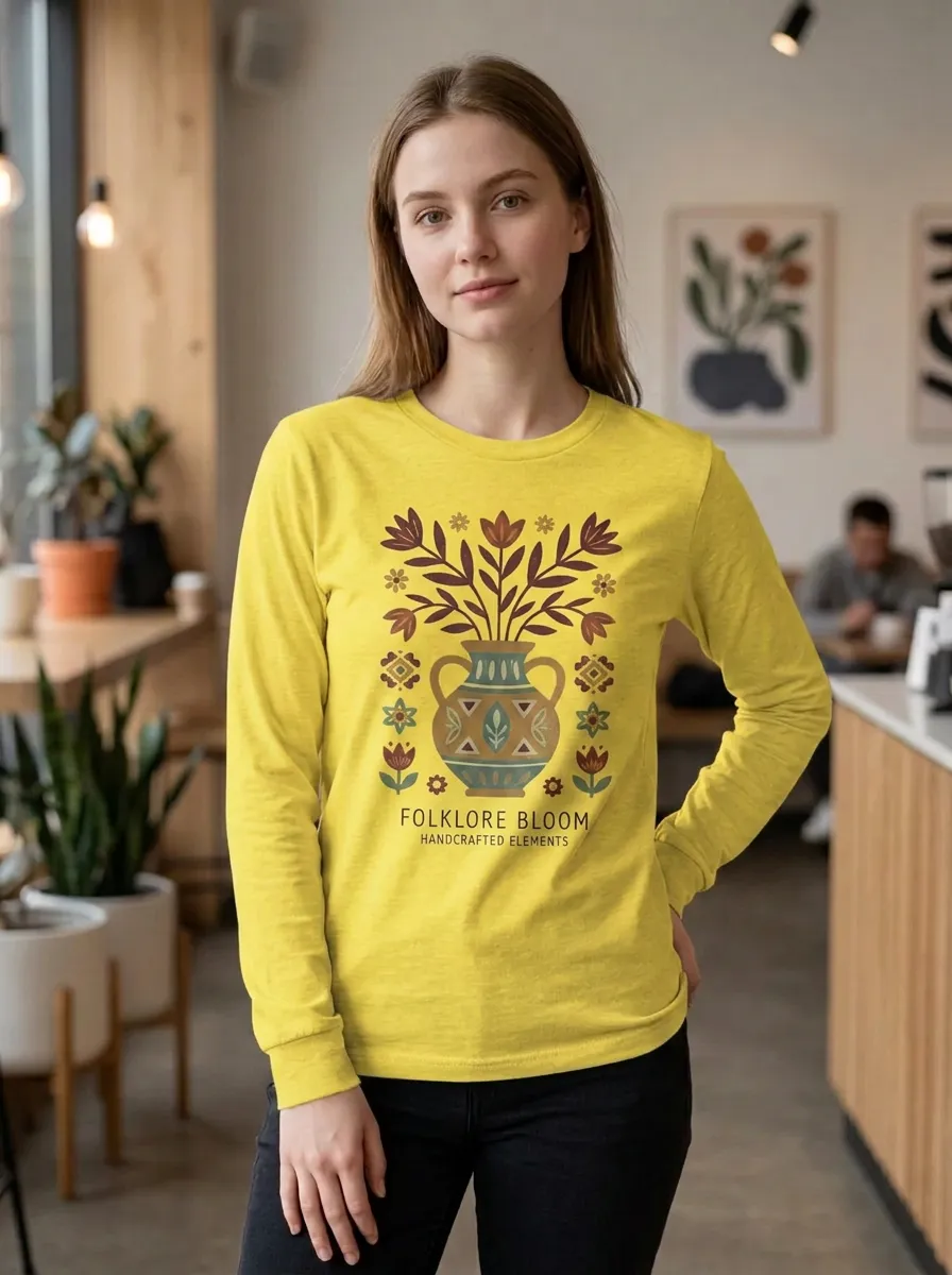 Women's Folklore Floral Vase Folk Art Printed Long Sleeve T-shirt