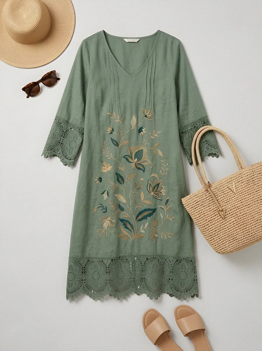 Women's Summer Vacation Floral Embroidery Lace Trim Printed Dress