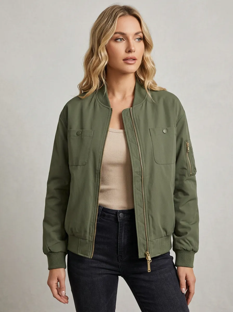 Quilted Zip-Front Denim-Style Women's Casual Jacket