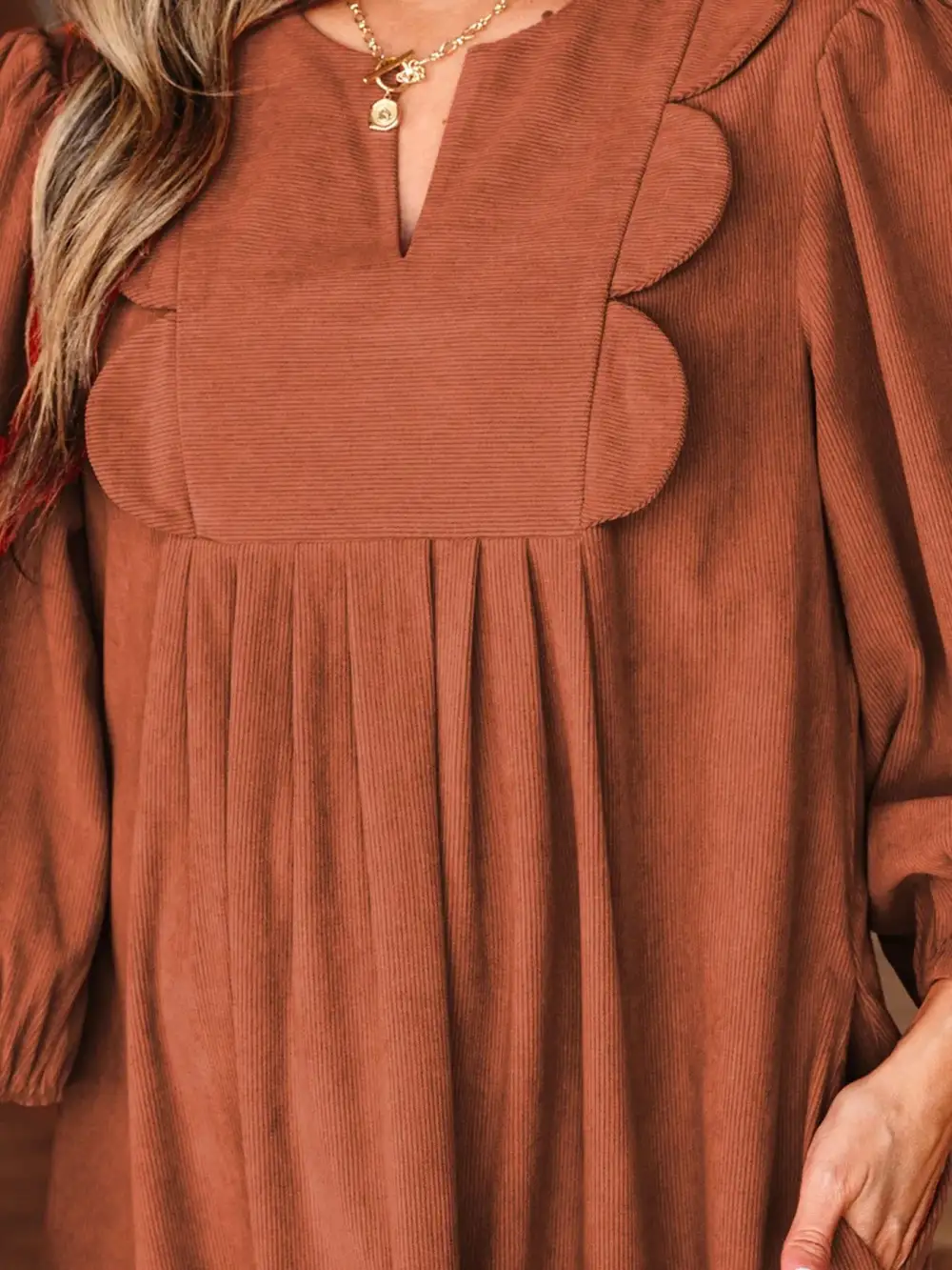 Corduroy Split Neck Mini Dress