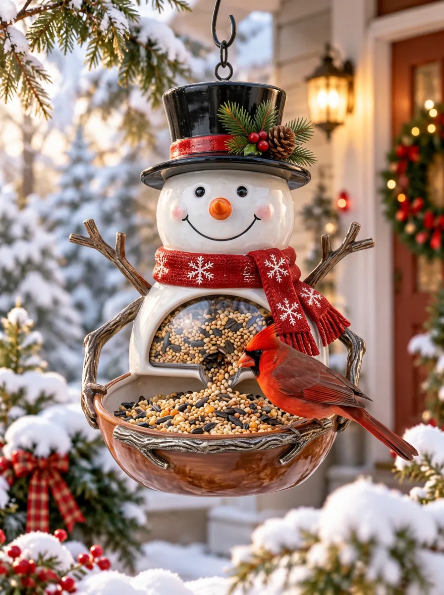 Rustic Snowman Cardinal Christmas Bird Feeder