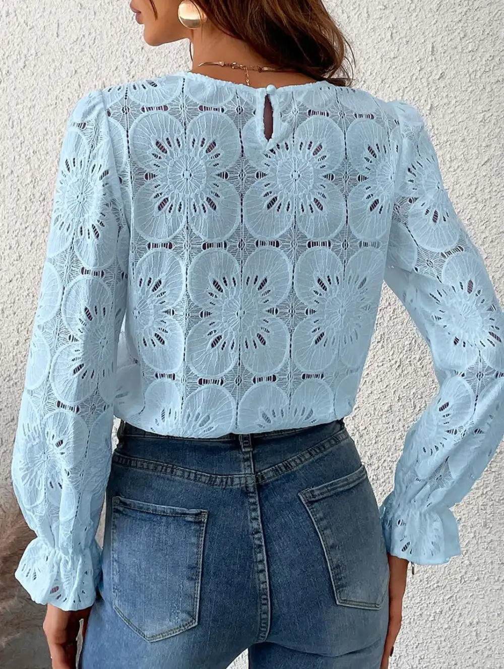 Openwork Lace Long Sleeve Blouse