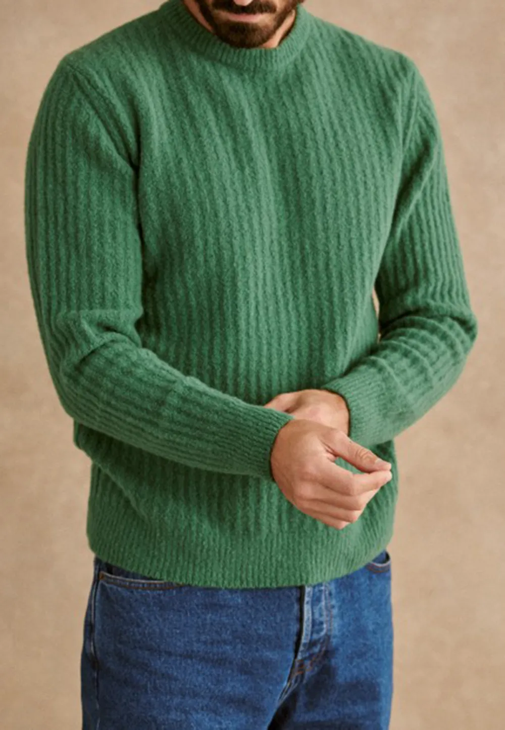 Green Textured Knit Crew Neck Sweater