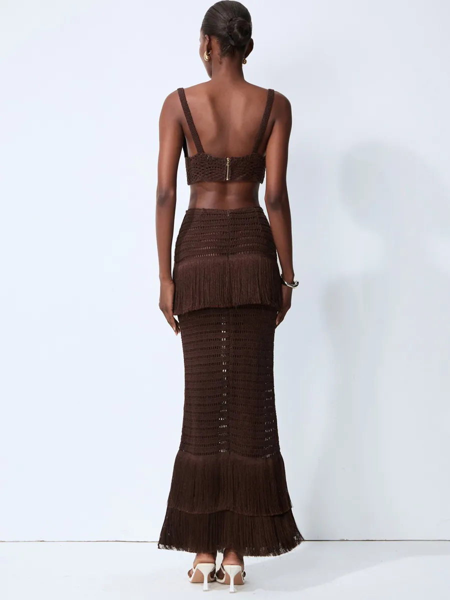 Julia Brown Crochet Knit Top & Fringe Skirt Set