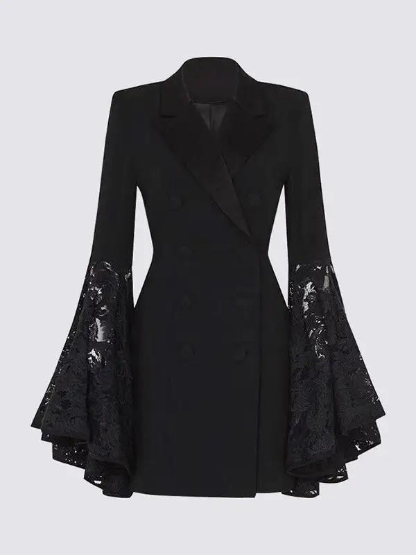 Flare Sleeve Long Asymmetric Button Front Solid Color Blazer