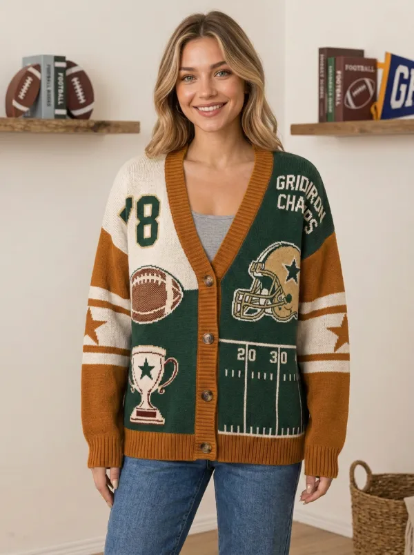 Women's Versatile Gridiron Helmet Trophy Ball Knit Cardigan