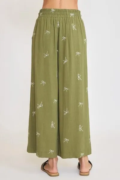 Full Size Lace Drawstring Embroidered Bow Wide Leg Pant
