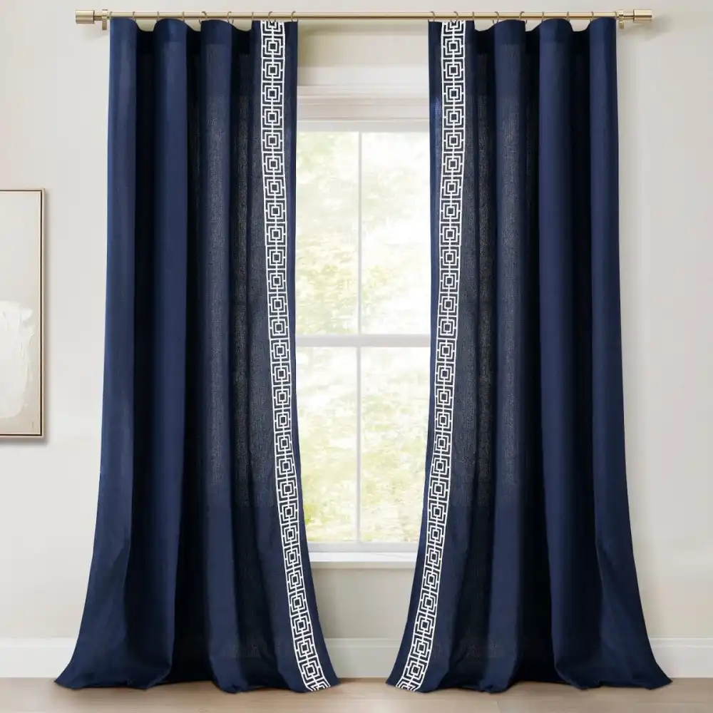 Farmhouse Geometric Faux Linen Rod Pocket Embroidery Curtain Panel