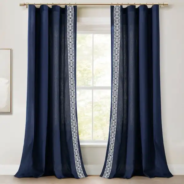 Farmhouse Geometric Faux Linen Rod Pocket Embroidery Curtain Panel