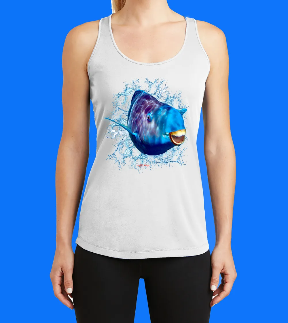 Blue Parrotfish With Splash Printed Racerback Tank Top