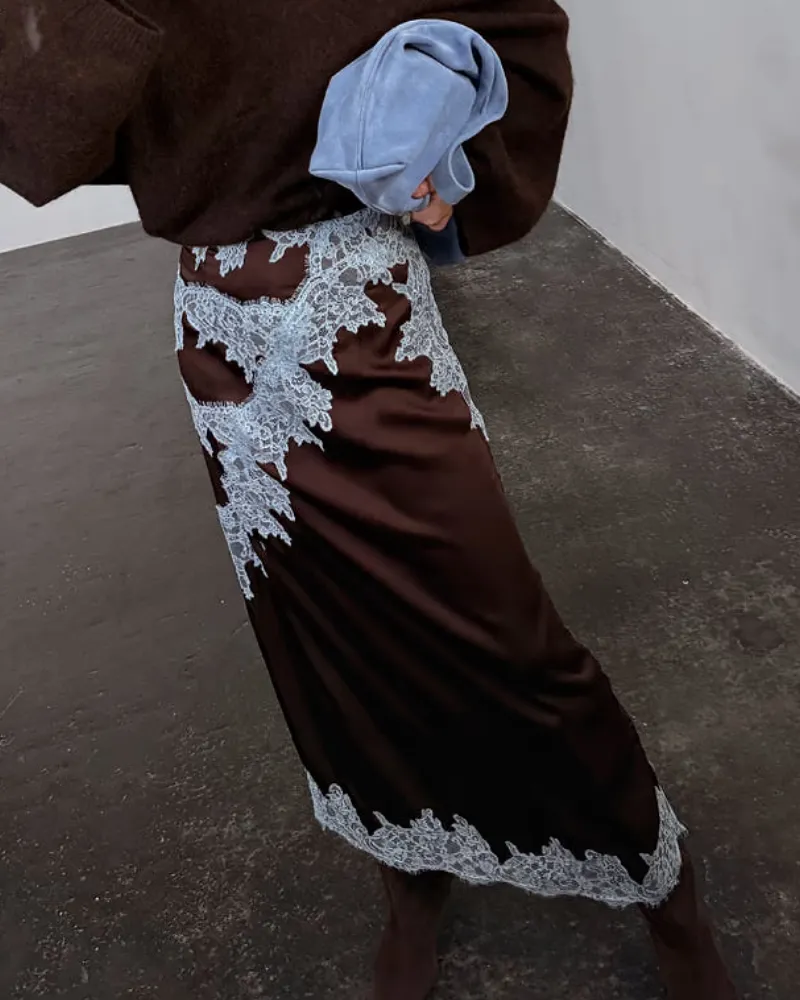 Satin Lace Midi Skirt