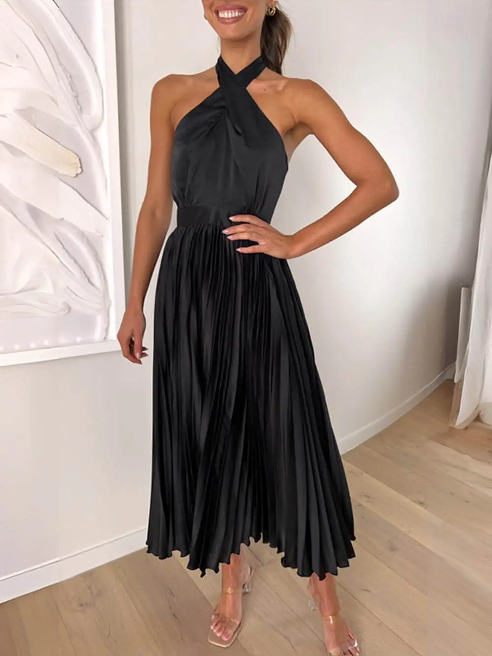 Neckline Pleated Vacation Occasion Dresses Midi Dress