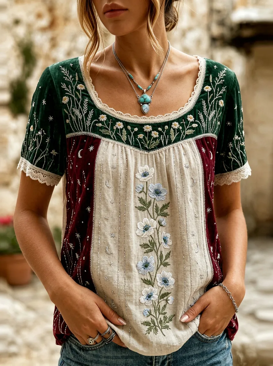 Women's Boho Floral Moon Celestial Embroidered Printed T-shirt