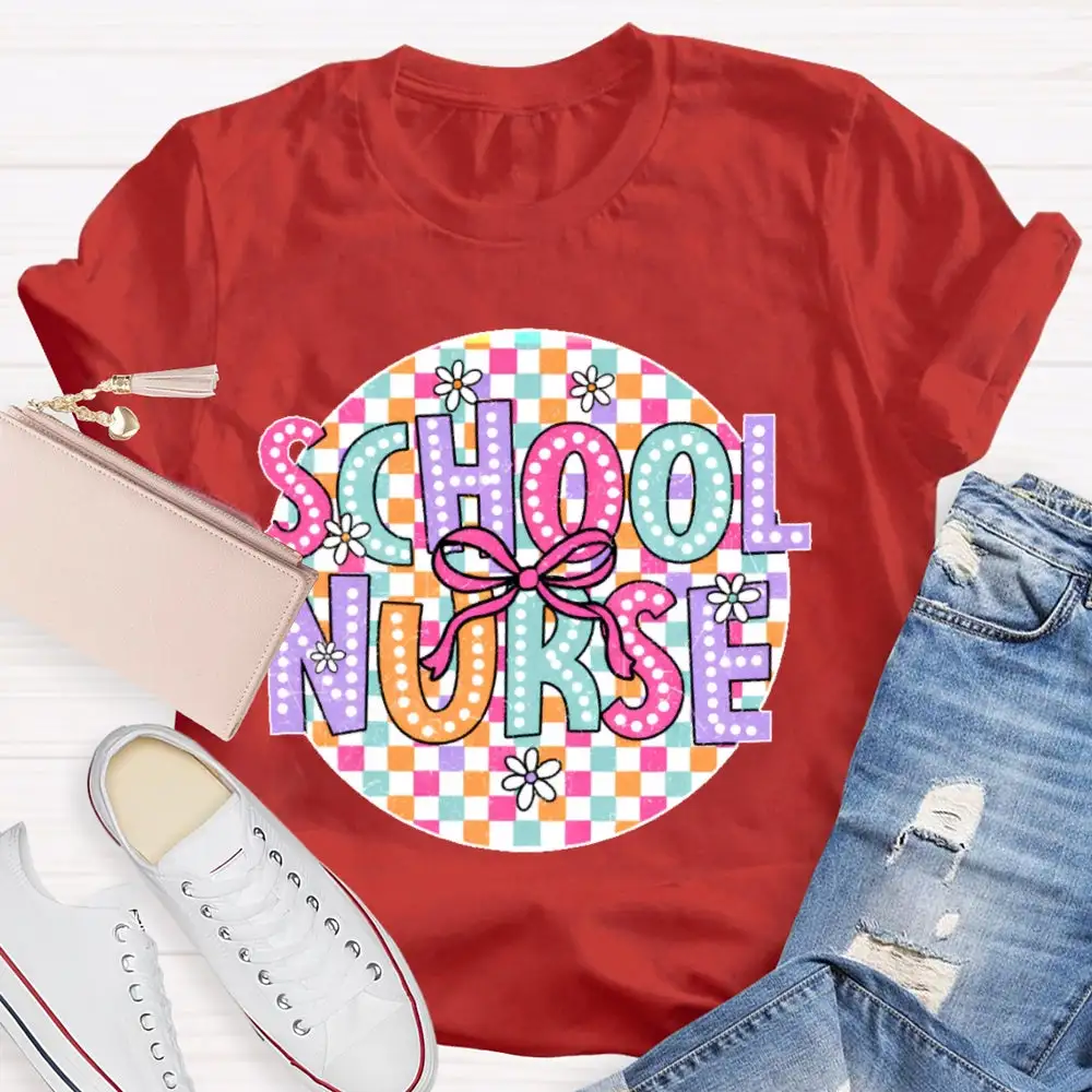 School Nurse Colorful Checkered T-Shirt