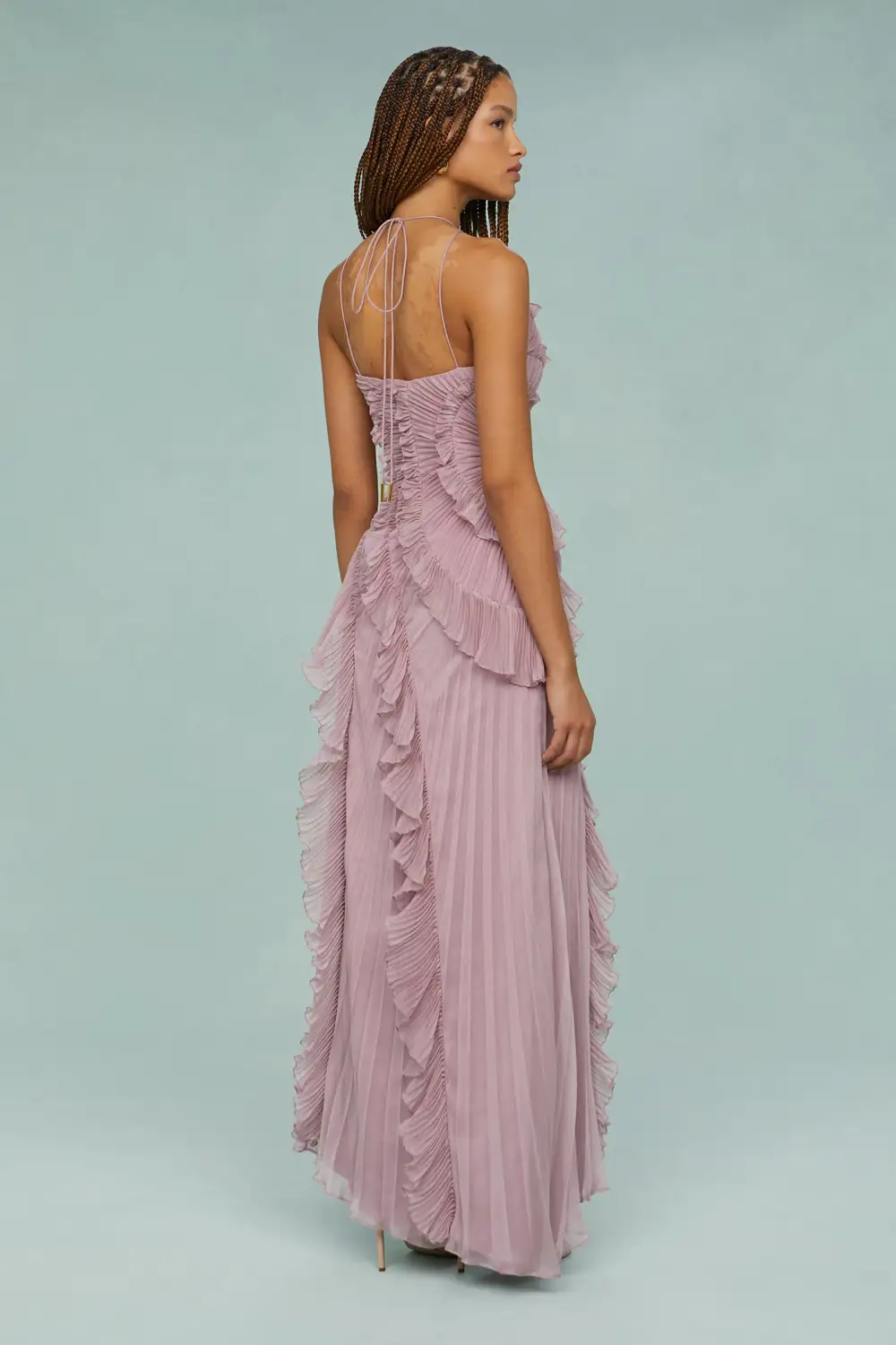 Pleated Frill Halter Neck Midi Dress