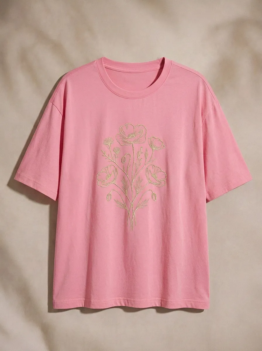 Unisex Botanical Nature Lover Poppy Flower Line Art Printed T-shirt
