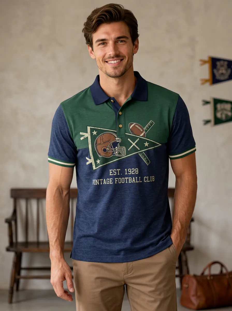 Men's Vintage Football Club Helmet Pennant Polo Shirt