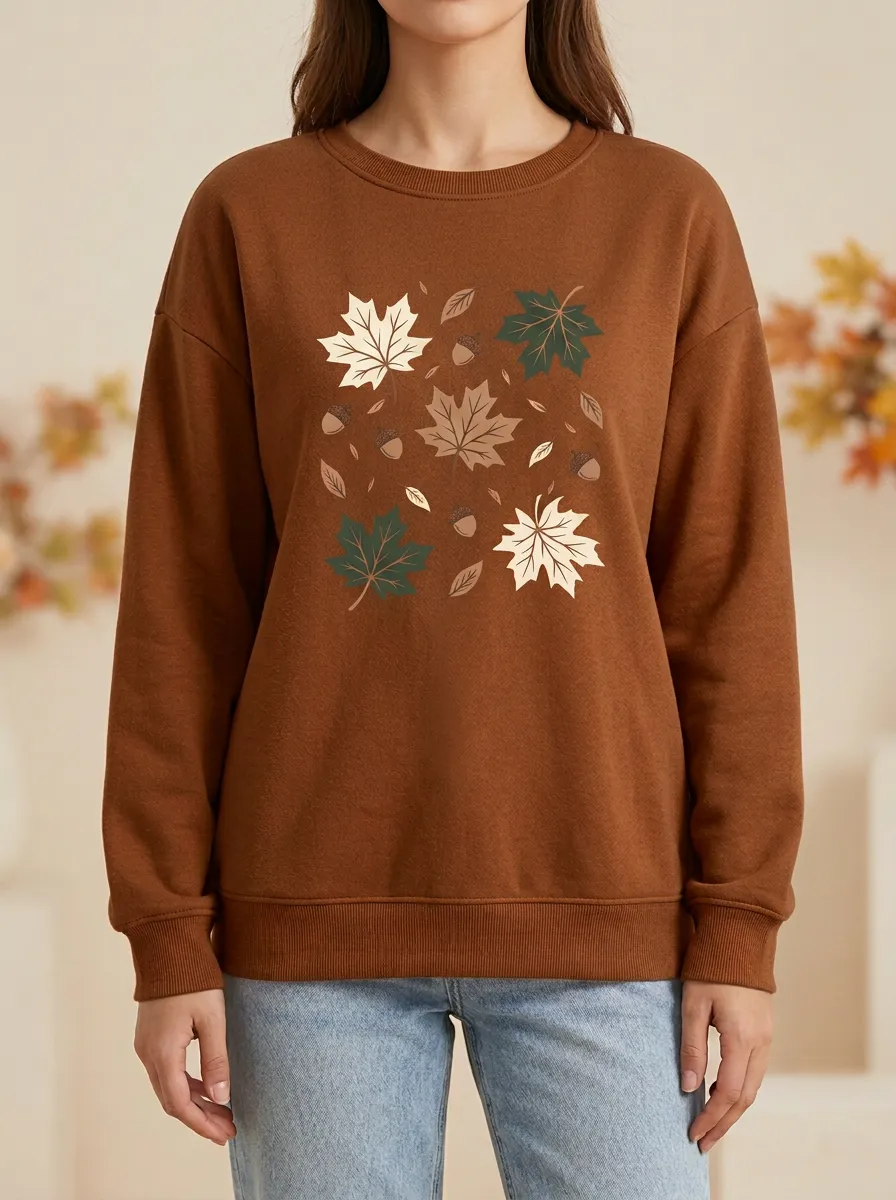 Polished Maple-Leaf Printed Acorn Graphic Sweatshirt