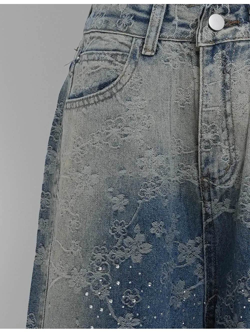 Rhinestone Jacquard Jeans Button Waist Wide Leg Denim Pants