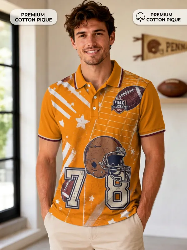 Men's Retro Gridiron Helmet Number Polo Shirt