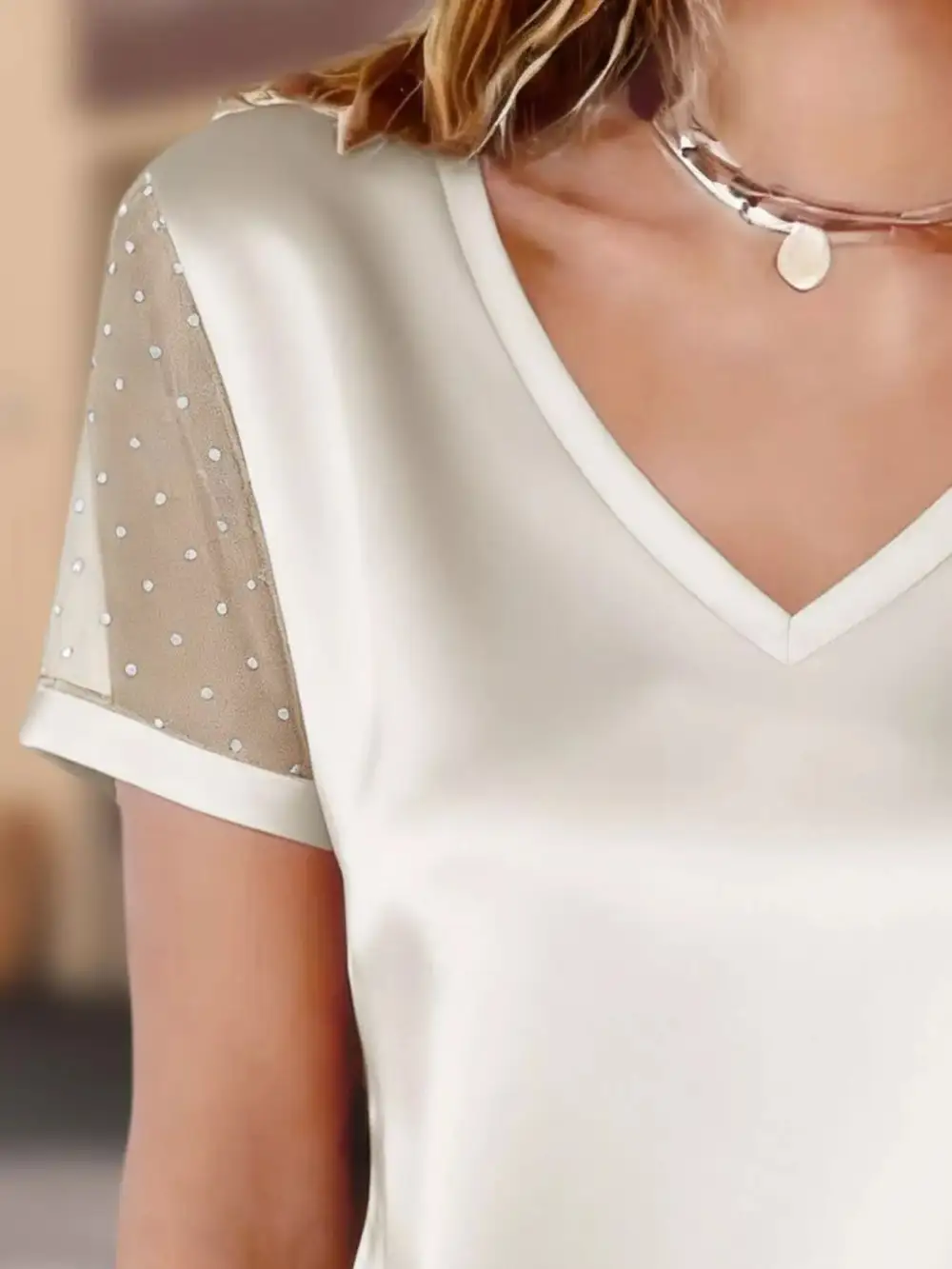 Sheer Sleeve V Neck Top