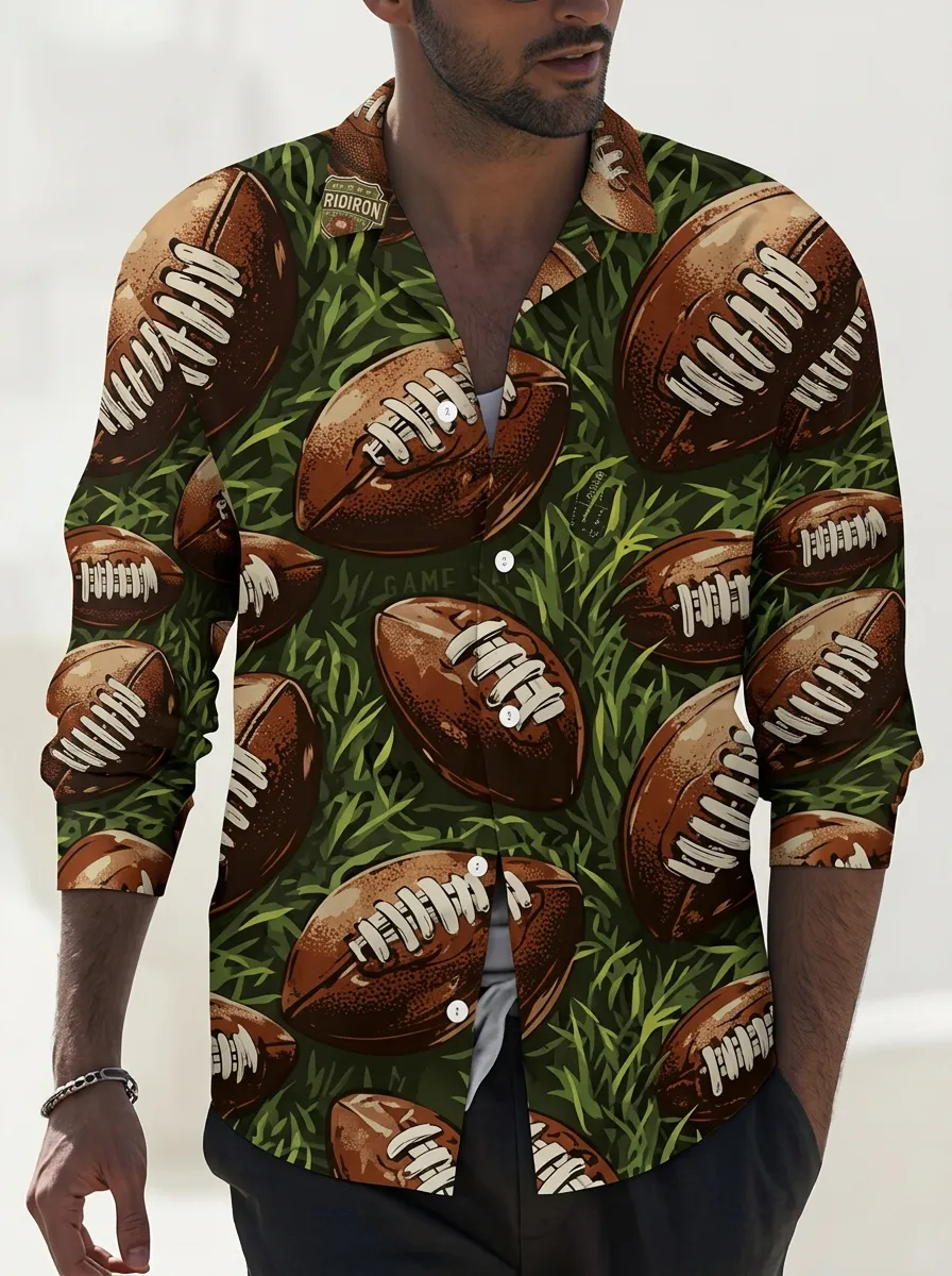Men's American Football Grass Field Pattern Printed Button-up Shirt