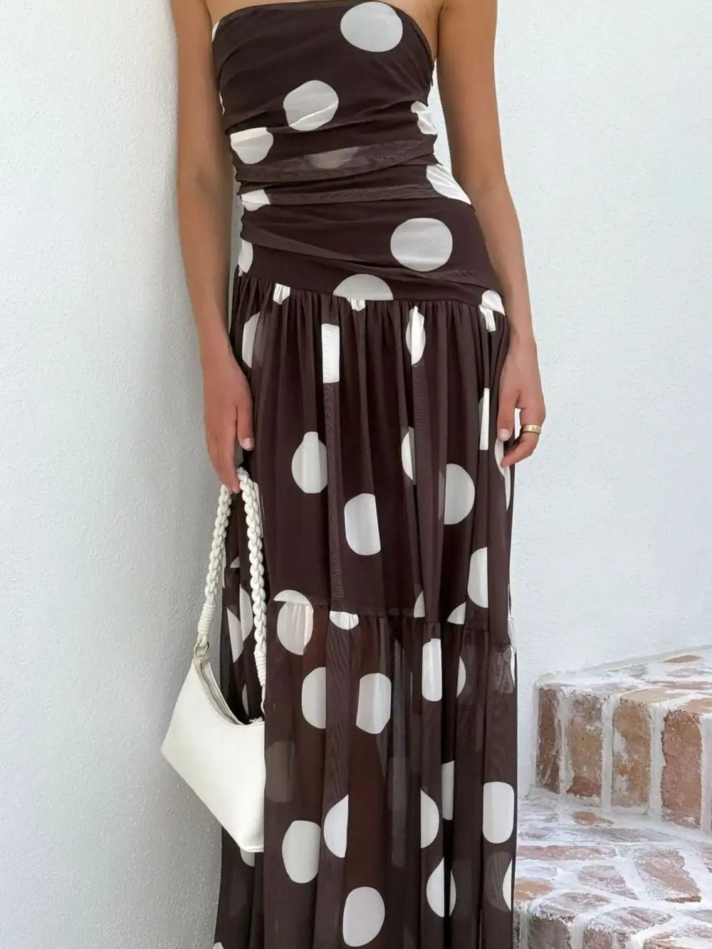Ruched Strapless Polka-Dot Maxi Dress
