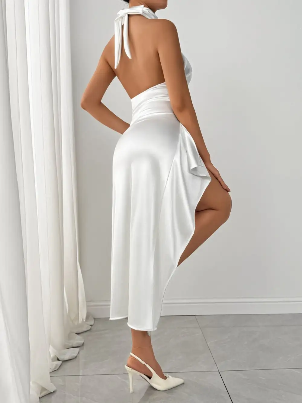 Ruched Halter Satin Casual Dress