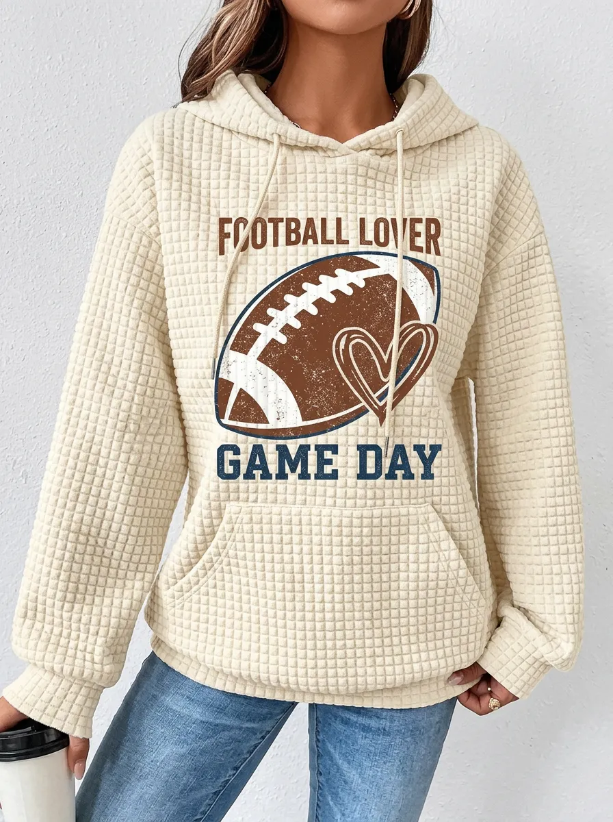 Women's Vintage-Inspired Football Lover Game Day Heart Printed Waffle Hoodie