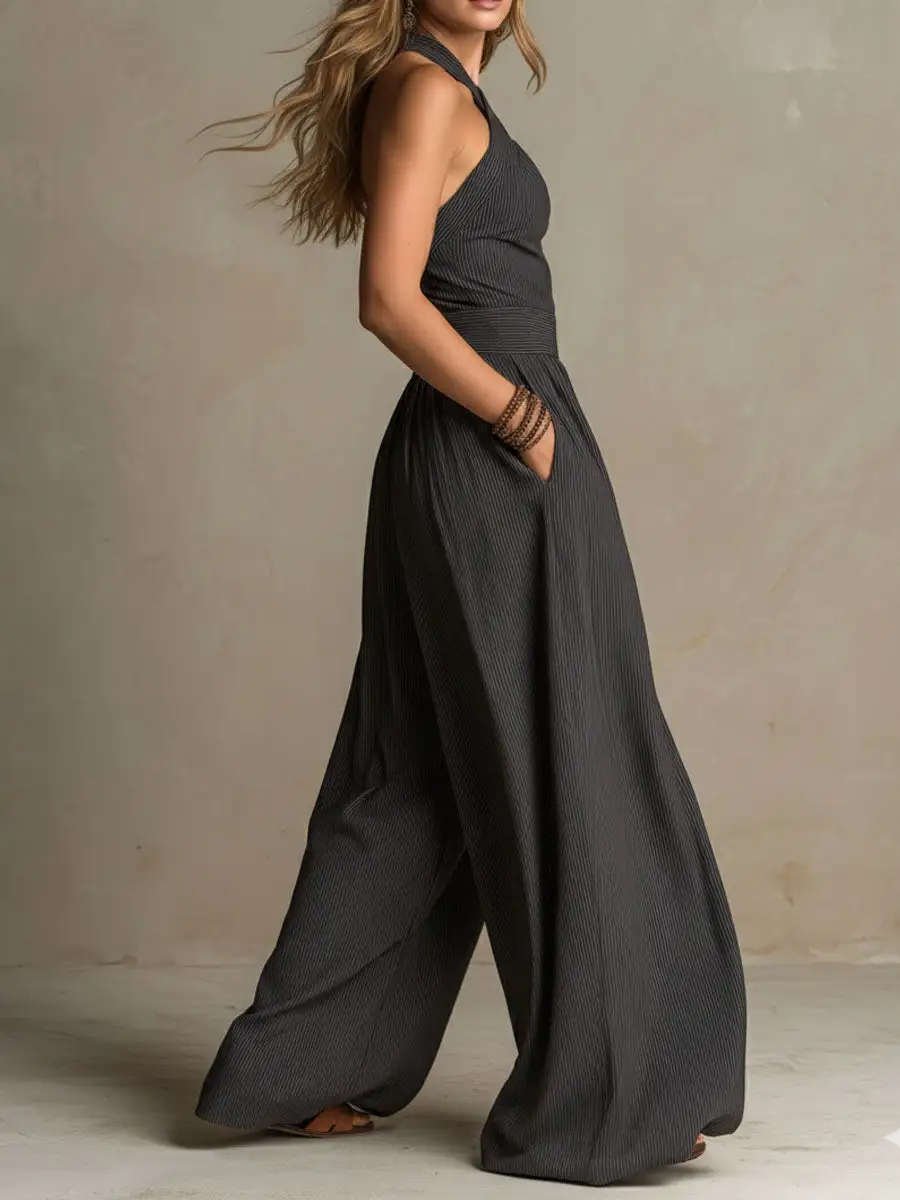 Boho Charcoal Crisscross Halter Pinstripe Wide-Leg Jumpsuit