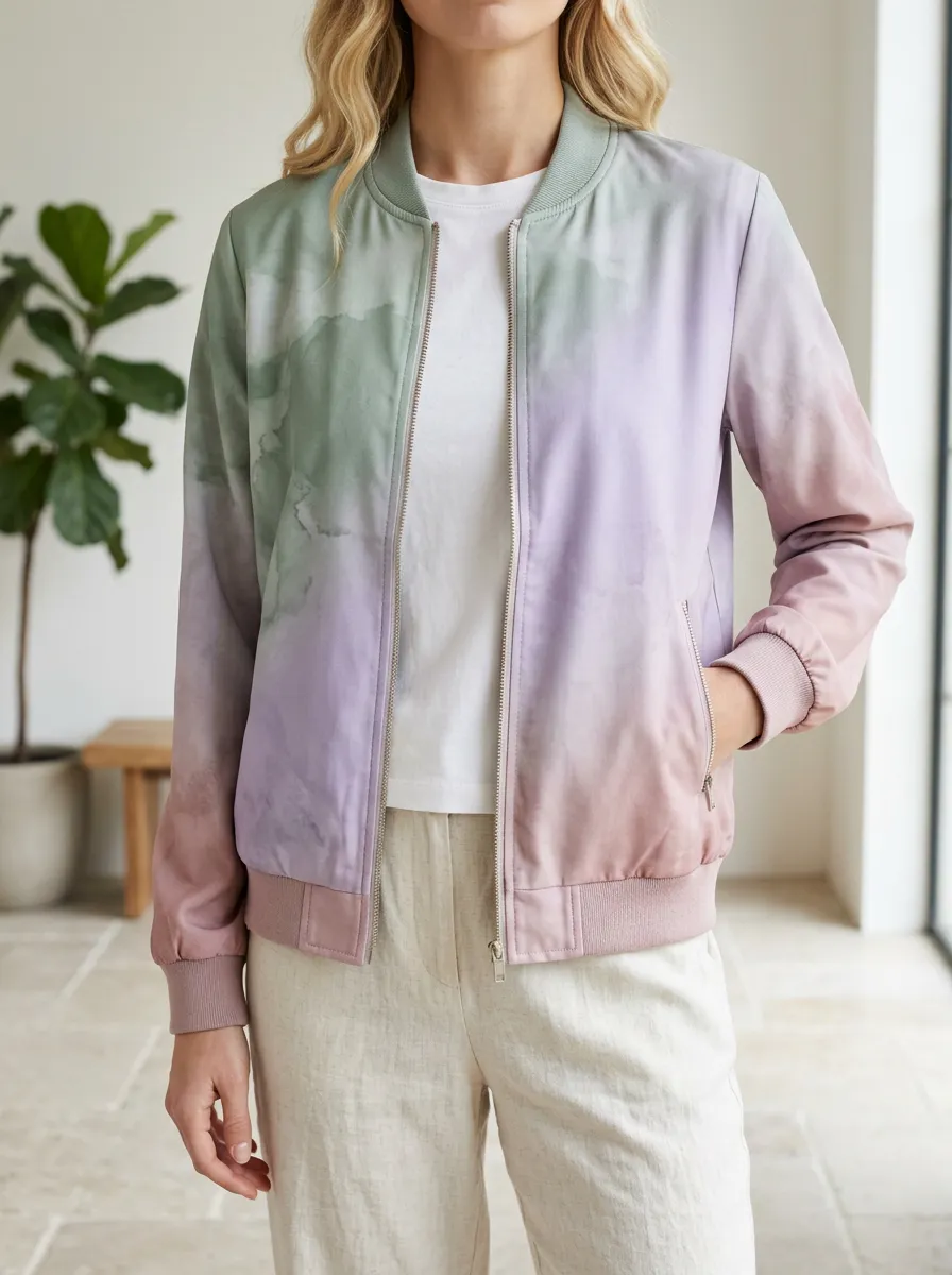 Women's Relaxed Pastel Watercolor Tie-Dye Bomber Jacket