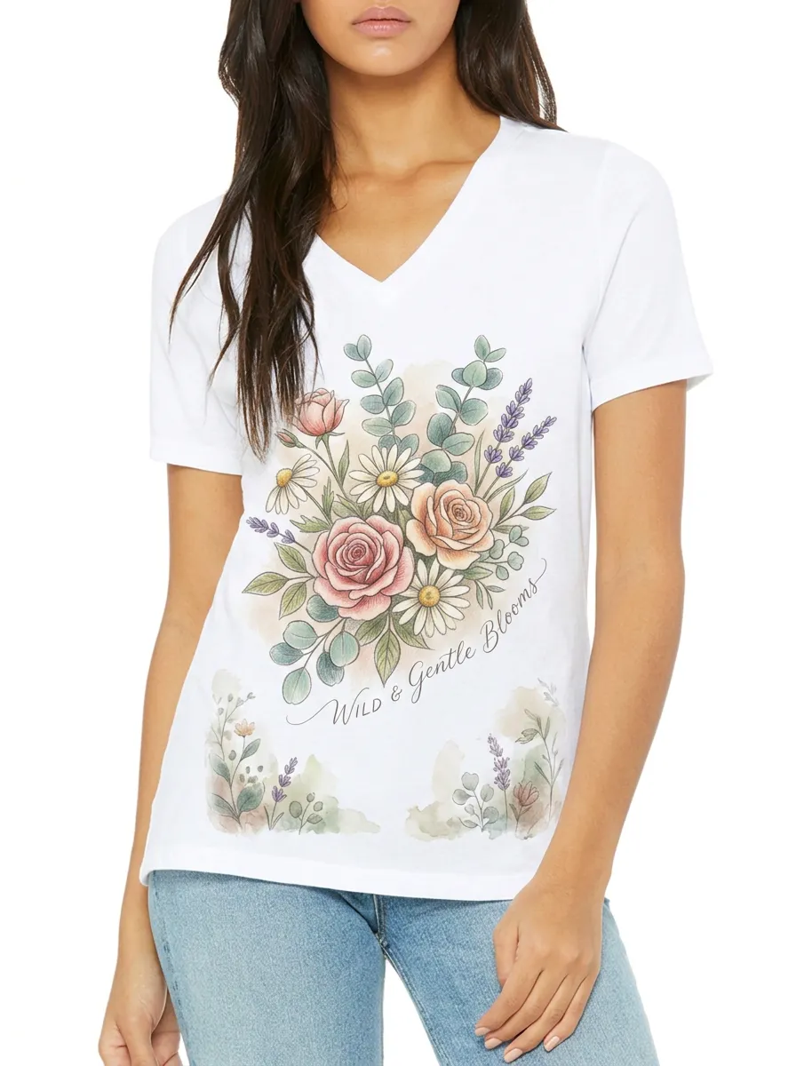 Women's Wild & Gentle Blooms Floral Watercolor Printed V-Neck T-Shirt