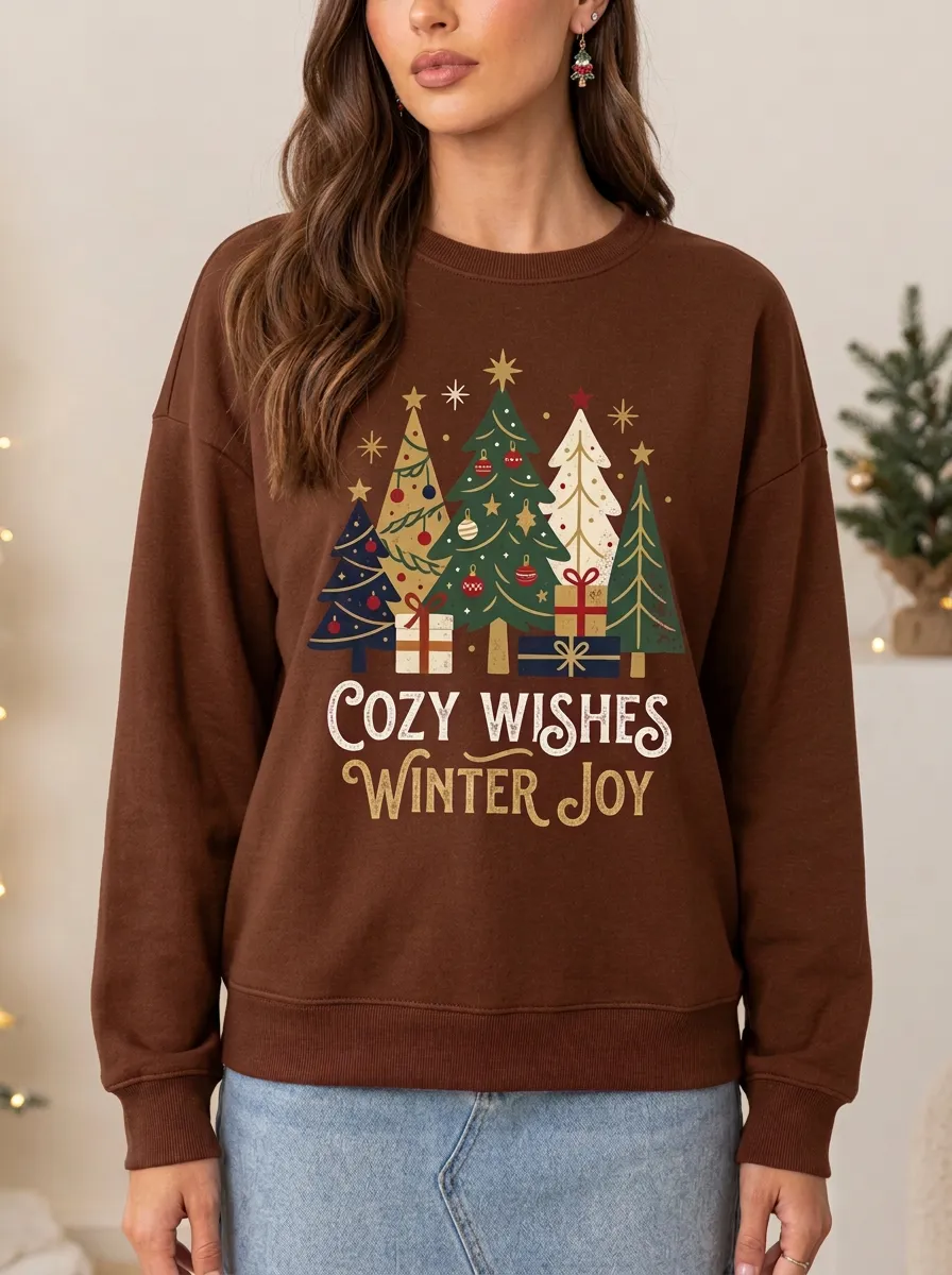Christmas Cozy Wishes Winter Joy Tree Print Sweatshirt