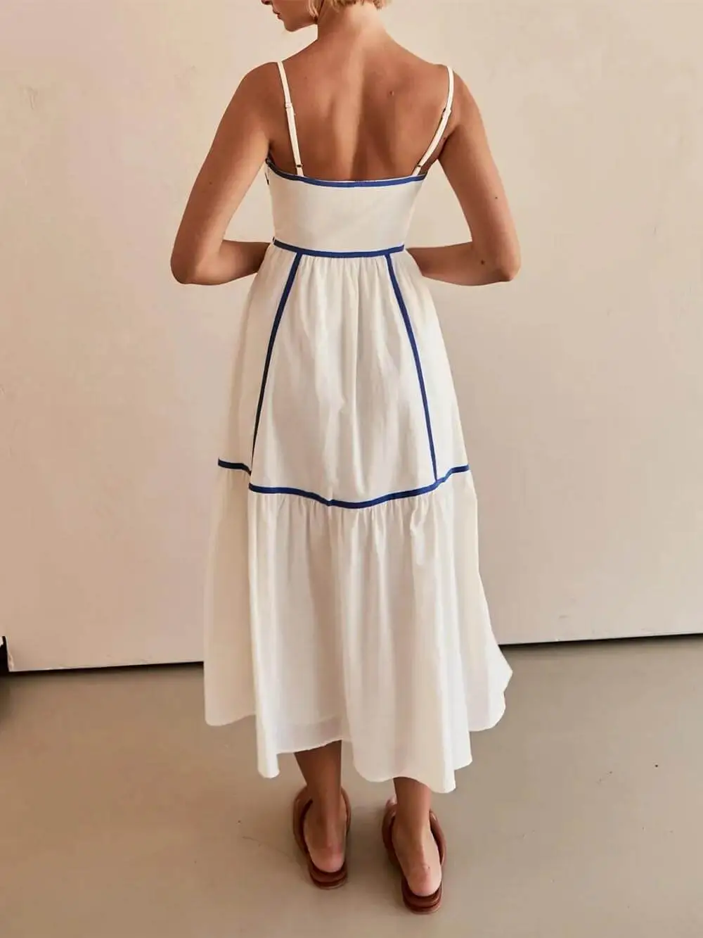 Contrast Trim Adjustable Straps Midi Dress