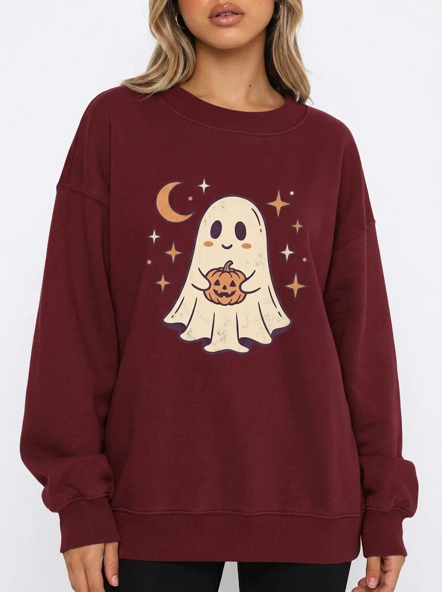 Women's Halloween Ghost Pumpkin Moon Stars Printed Sweatshirt