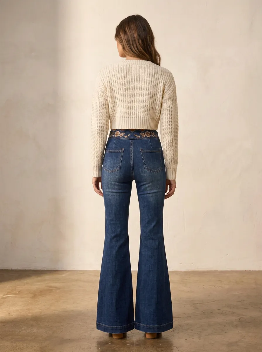 Women's Vintage Floral Embroidered High-Waisted Button-Down Flare Jeans