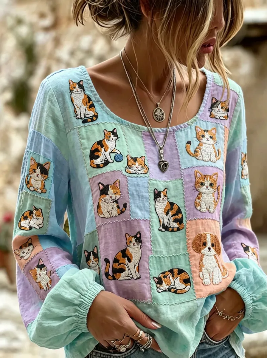 Women's Cat Lover Patchwork Pattern Embroidered Cotton Linen Top