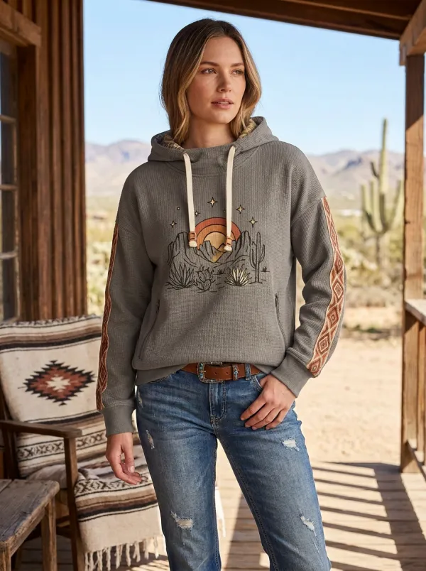 Women's Western Desert Cactus Sunset Printed Hoodie